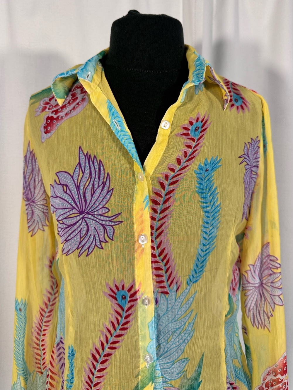 Vintage H.I.T. Yellow Sheer Floral Button-Up Blouse - Picture 3 of 9